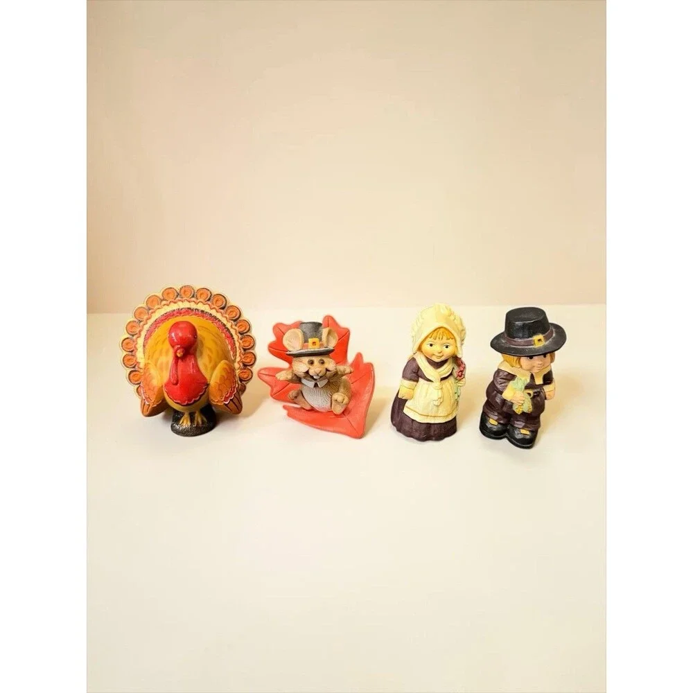 4 Vtg Hallmark Thanksgiving Merry Miniatures Turkey, Pilgrims, & Mouse On Leaf